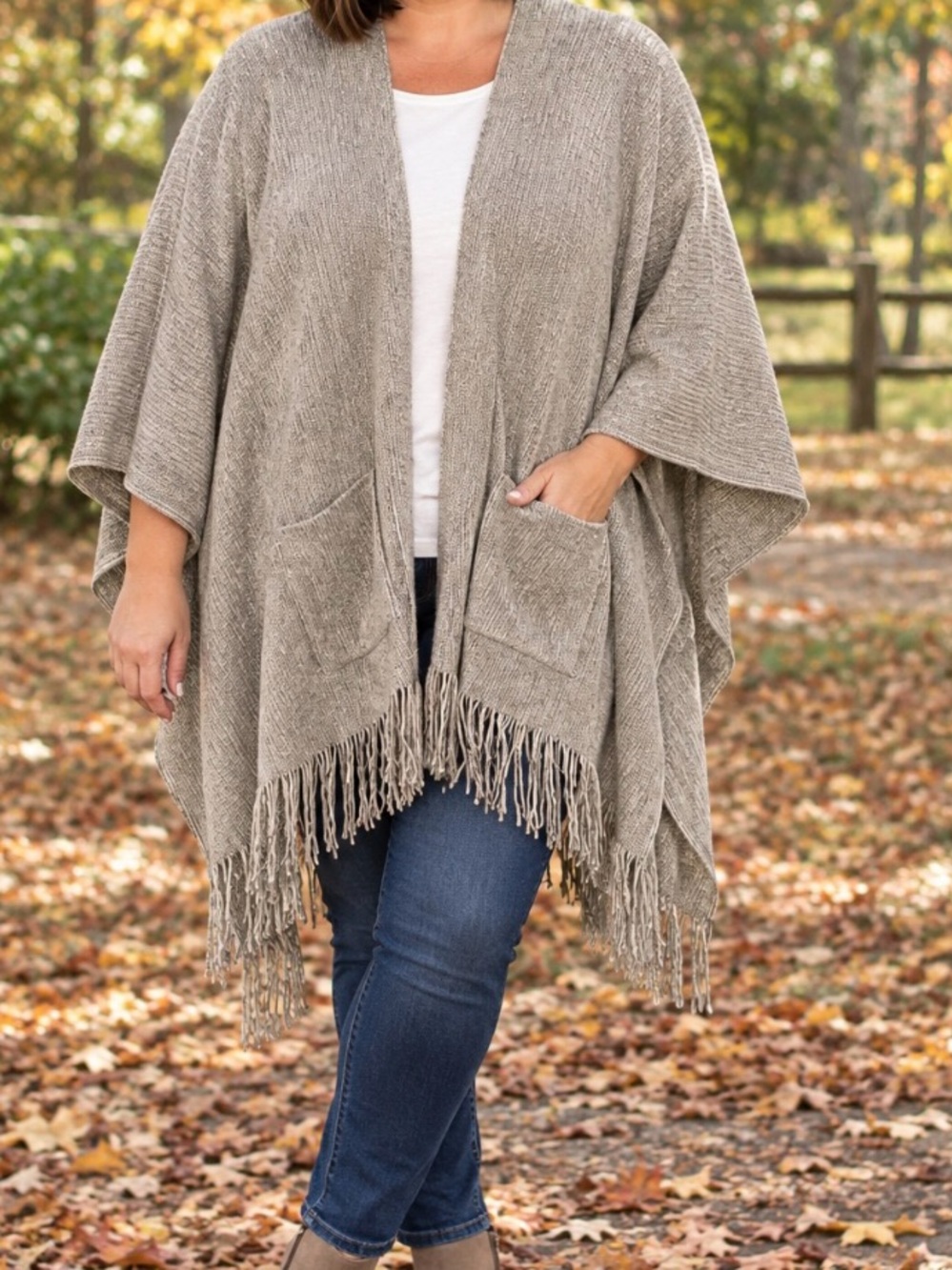 Steve Madden Taupe Fringe Open Knit Poncho